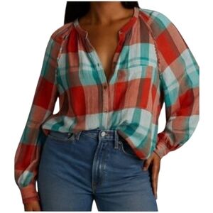 Pilcro Breezy Plaid Button Down Gauzy Rustic Long Sleeve Top M